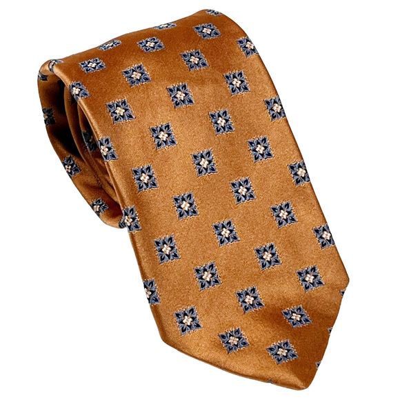 Vtg Robert Talbott Necktie Golden Peach w Small Blue Floral Squares 100% Silk - Picture 1 of 7